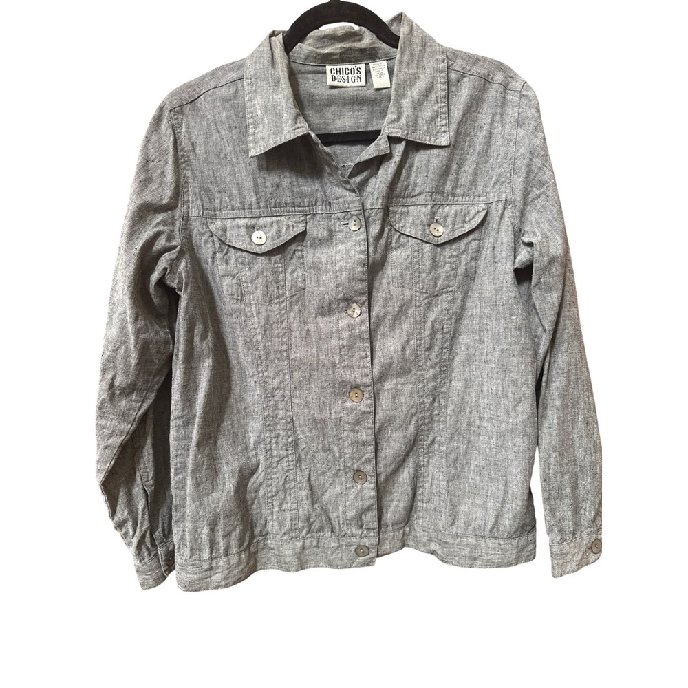 Chicos Design Grey Linen Blend Button Front Trucker Jacket Size 1 M 2075